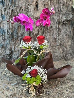 Adana çift dallı fuşya orkide, dip kısmı 3 kırmızı gül ve beyaz cipso süslemeli kraft sarımlı çiçek.