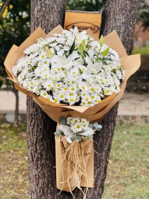 Adana jumbo boy papatya buketi, kahverengi kraft kağıda sarılmış devasa beyaz papatya demeti.