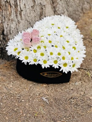 Adana kalp kutu çiçek, beyaz iri papatyalar arasına serpiştirilmiş 4 adet pembe gül.