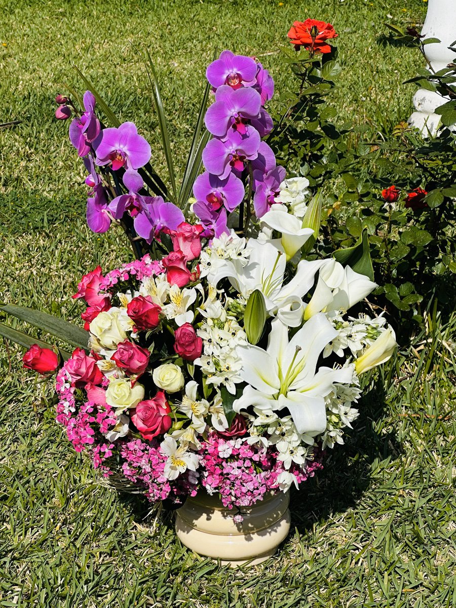 Adana lila orkide aranjmanı, beyaz lilyum kırmızı ve sarı güllerle hazırlanmış büyük boy saksı çiçeği.