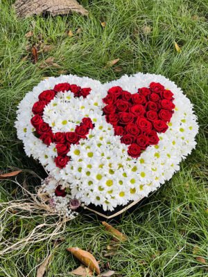 Adana premium siyah kalp kutu çiçek, beyaz papatya zemin üzerine kırmızı güllerle harf ve kalp deseni işlenmiş jumbo aranjman.