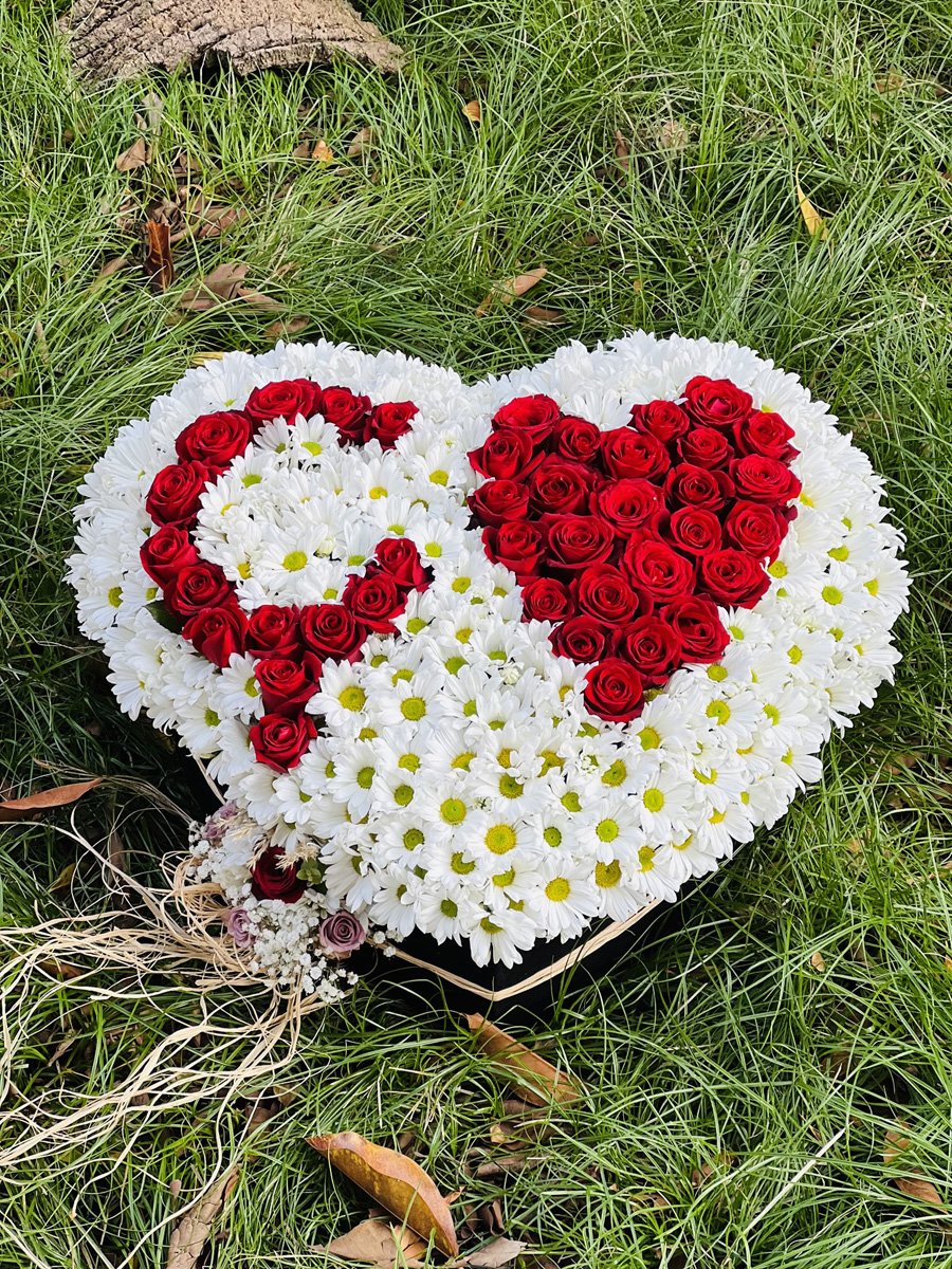 Adana premium siyah kalp kutu çiçek, beyaz papatya zemin üzerine kırmızı güllerle harf ve kalp deseni işlenmiş jumbo aranjman.